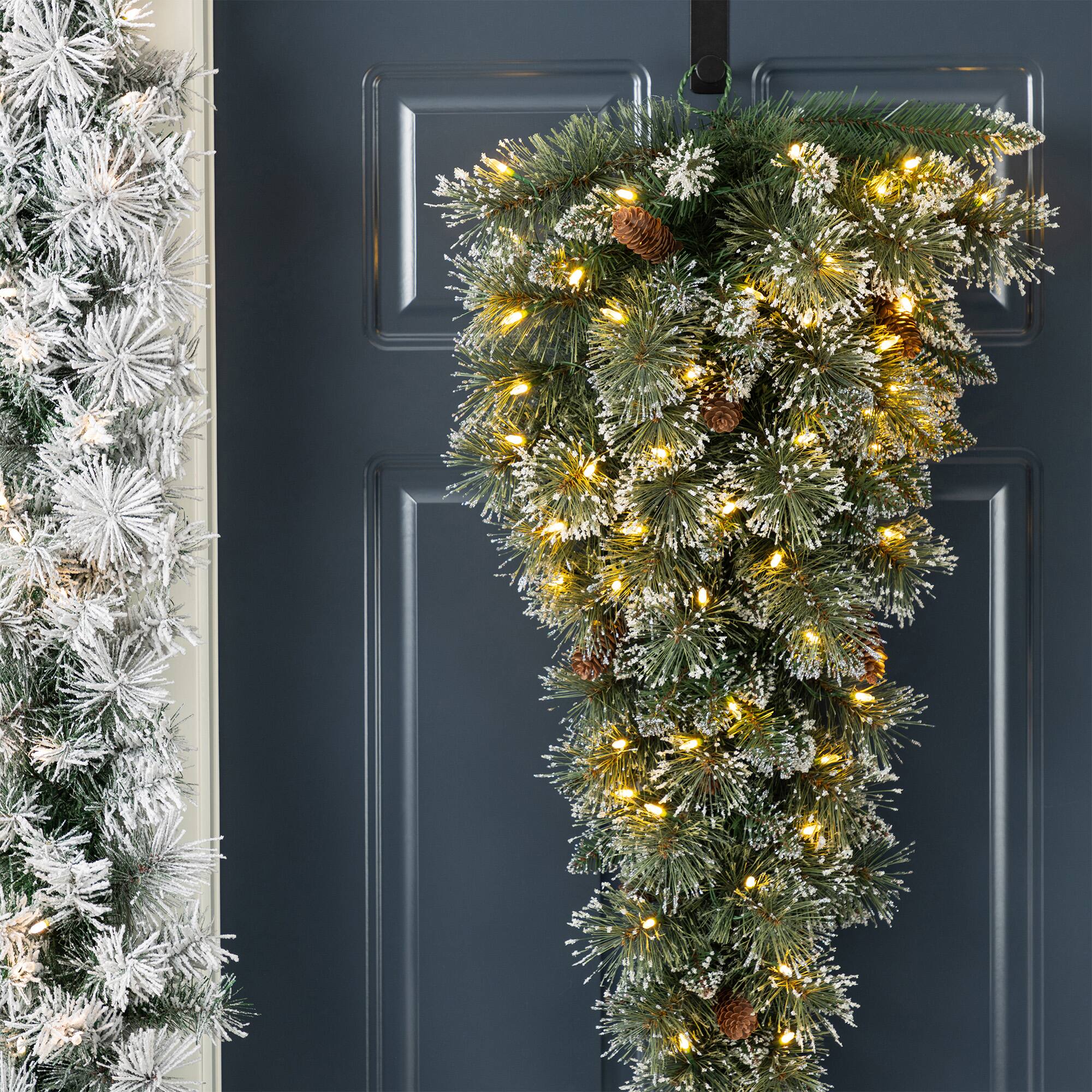 Glitzhome® 3ft Pre-Lit Frosted Greenery Pinecones Christmas Teardrop, LED Lights and Timer